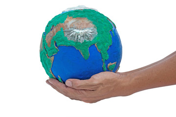 man his hands holding globe made from clay on  isolate on white