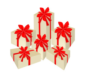 A Set of Beautiful Gift Boxes with Red Ribbon
