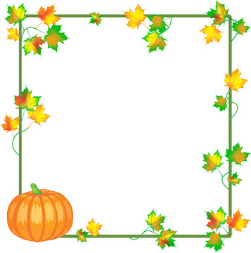Autumn Leaves Frame with Pumpkin, isolated on white