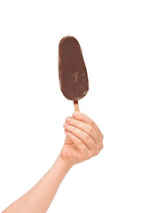 One chocolate vanilla ice cream in hand isolated on white