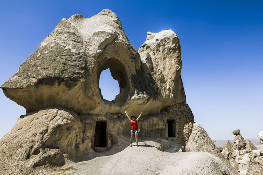 Homes in volcanic rock formations of Cappadocia, Turkey