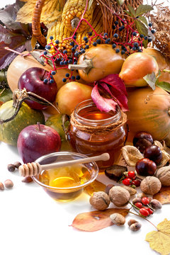 .honey, apples and autumn fruits