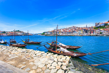 Oporto or Porto skyline, Douro river and boats. Portugal
