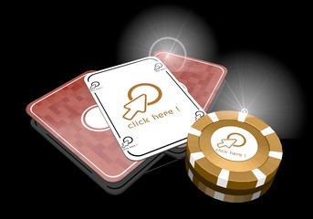 3d graphic of a noble click here symbol  on poker cards