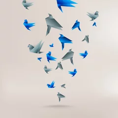 Tableaux ronds sur aluminium Animaux géométriques Oiseau en papier origami sur fond abstrait