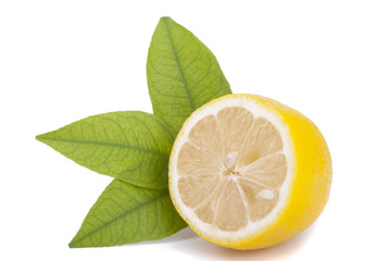 Half of lemon with leaves.