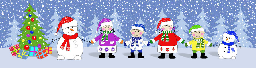 Баннер новогодний.Дети, снеговики, ёлка с подарками .