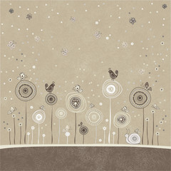Floral background card with snail, birds and butterflies.