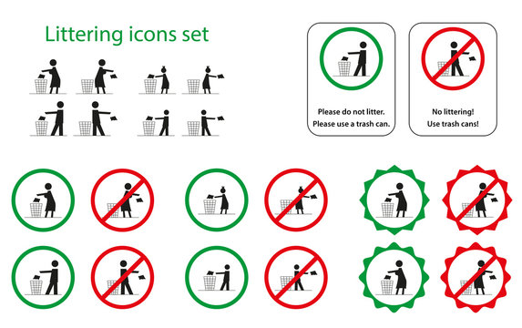 Set of littering icons for man, woman, girl and boy