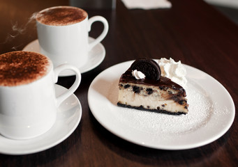 chocolate cheesecake with a cup of coffee