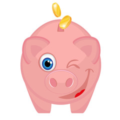 Happy piggy bank with coins winking with one eye