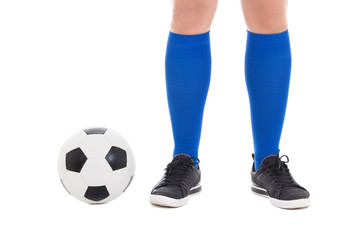 legs of soccer player in blue socks with ball isolated on white - Powered by Adobe