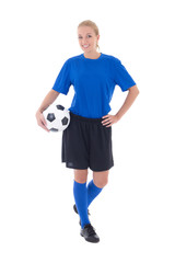 female soccer player in blue uniform isolated on white