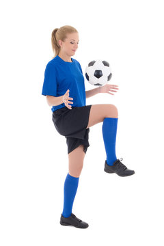 Female Soccer Player In Blue Uniform Playing With Ball Isolated