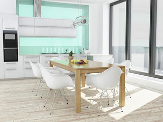 Modern white kitchen interior with wooden floor