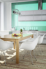 Fototapeta na wymiar Modern white kitchen interior with wooden floor