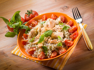 barley risotto with fresh salmon and tomatoes