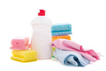 Bottle of dishwashing liquid and kitchen cleaners isolated on wh