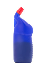 blue plastic bottle of dishwashing liquid isolated on white