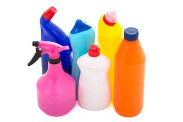 colorful bottles of dishwashing liquid isolated on white backgro