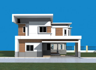 3D render of modern building with blue background 