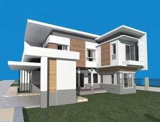 3D render of modern building with blue background 