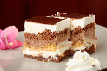 chocolate cream cake on white plate