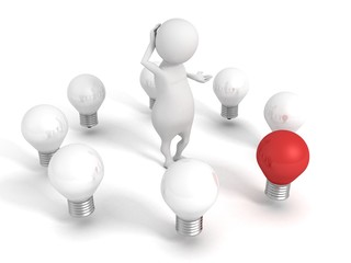 3d man choice concept red idea light bulb