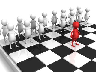 white 3d men team on chess board with red individual leader