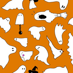 Seamless Halloween pattern, ghosts on an orange background
