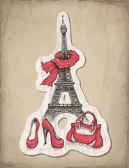 Fotobehang Mode illustratie. Eiffeltoren, schoenen en handtas © Aleksandra Smirnova