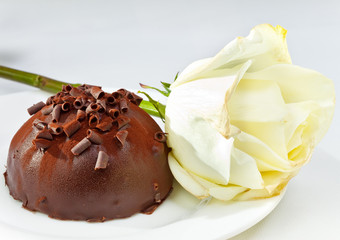 Chocolate cake and white rose