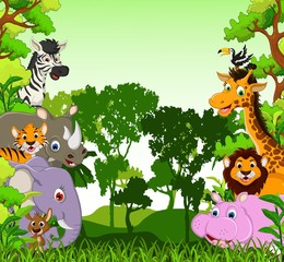 animals cartoon with tropical forest background