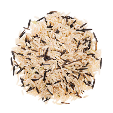 Brown and wild rice on a white background