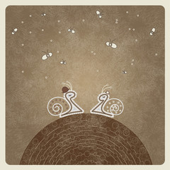 Card with two snails in love on a hill. Vintage vector