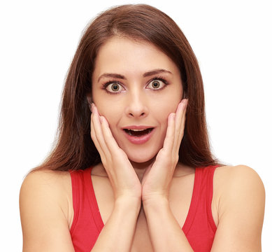 Surprising woman with opened mouth and hand at face isolated on