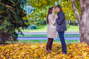 Young couple in love on the big autumn meadow under large maple