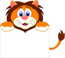 cute lion cartoon character with blank sign