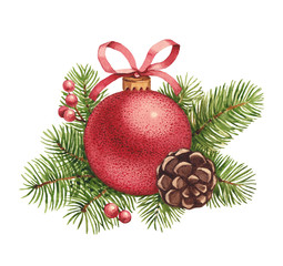 Fototapeta na wymiar Watercolor Christmas illustration. Christmas ball and pine