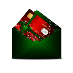 christmas credit card in green envelope isolated over white