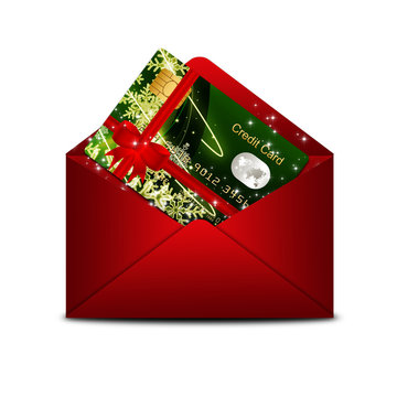 Christmas Credit Card In Red Envelope Isolated Over White