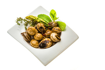 Escargot with asparagus, rosemary, thymus and tomato