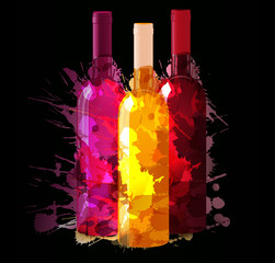 Group of wine bottles with grunge splashes. Red, rose and white.