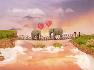 Two elephants on a bridge in the sky with balloons. Illustration © ladybirdanna
