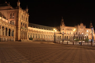 Night at famous Plaza de Espana in Sevilla, side view 