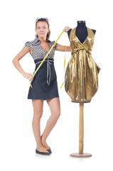 Woman tailor working on white background