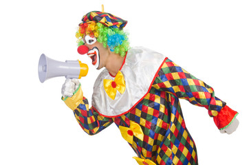 Clown with loudspeaker on white
