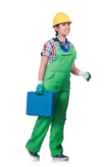 Young woman in green coveralls