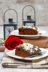 Gingerbread cake with chocolate and hazelnuts. Selective focus