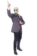 Businessman wearing gas mask isolated on white